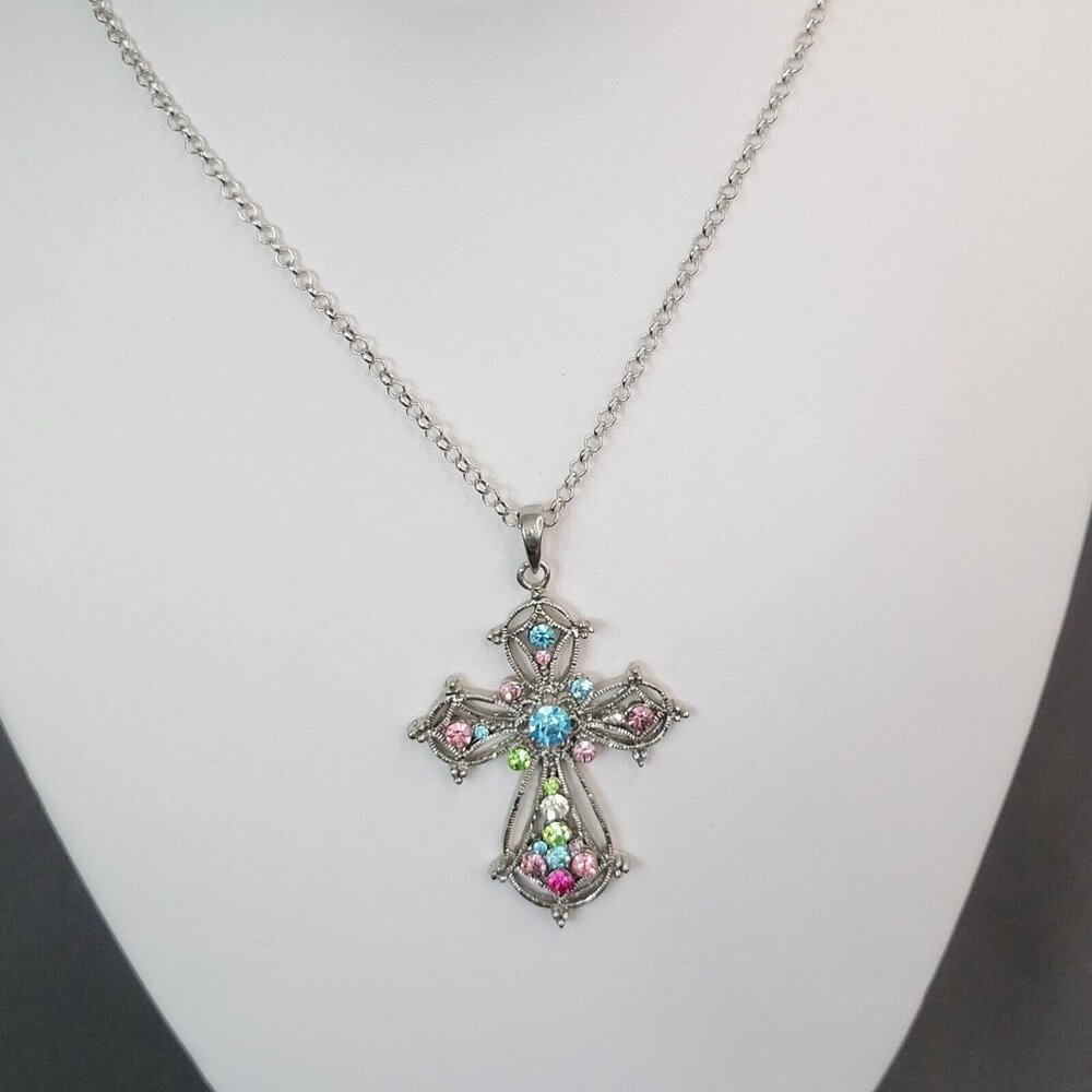 Silver Tone Round Link Chain Cross Pendant Rhinestone Fashion Necklace 22 in - Picture 2 of 9